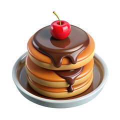 Delicious chocolate syrup pancakes stack topped with cherry isolated on transparent background