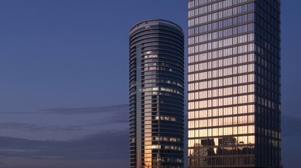 Two modern skyscrapers rise against the evening sky, their glass facades reflecting the warm glow of the setting sun, creating a stunning urban landscape