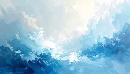 A painted landscape of swirling blues and whites, showcasing dynamic brushstrokes, evokes a serene and ethereal mood.