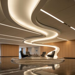 Modern office lobby with unique ceiling design and chairs, creating a welcoming and stylish space for visitors and employees alike