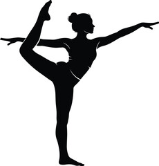 Elegant silhouette of woman performing yoga dancer pose with balance, flexibility, and grace in minimalist vector style for wellness and fitness themes