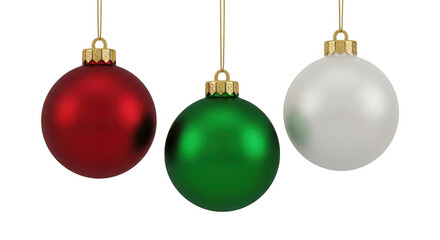 Three traditional christmas ornaments in red, green, and white, hanging and isolated on a transparent background, symbolizing the festive holiday season