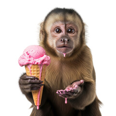 Capuchin monkey enjoying a strawberry ice cream cone isolated PNG with Transparent Background