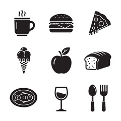 A collection of various food items, including a hot beverage, burger, pizza slice, ice cream, apple, bread, fish, wine, and cutlery.