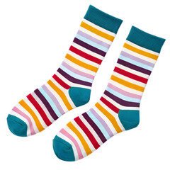A pair of colorful striped socks isolated on transparent background, perfect for adding a pop of fun to any outfit
