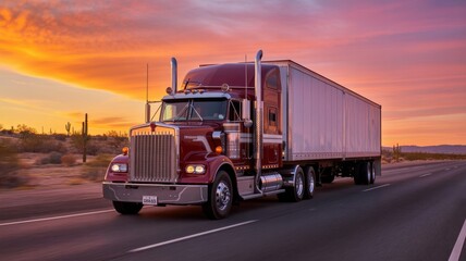 A powerful semitruck speeds down a desert highway at sunset, symbolizing transportation, logistics, and the open road under a fiery sky