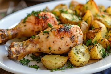 Chicken Drumsticks with Potatoes Garnished with Herbs