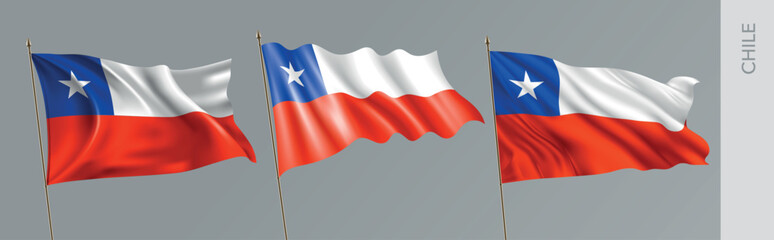 Set of Chile waving flag on isolated background vector illustration. 3 red blue white Chilean wavy realistic flag as a patriotic symbol