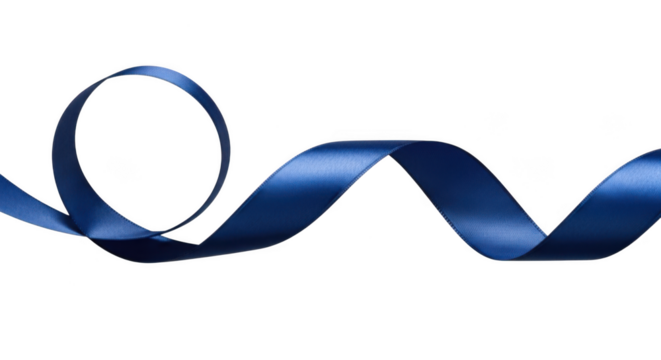 A single strand of shiny blue satin ribbon curving elegantly across a transparent background, isolated on white