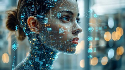 Close-up of woman's face with digital circuit board overlay, futuristic technology concept. - Powered by Adobe