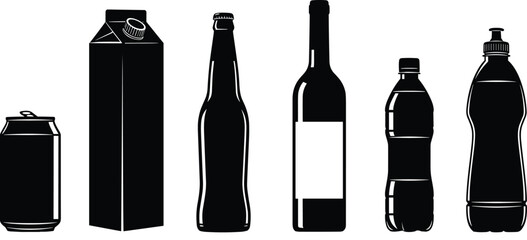 Set of beverage container silhouettes including cans, cartons, glass bottles, wine bottles, and plastic bottles for packaging, branding, and recycling concepts