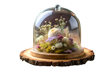Glass dome terrarium with flowers isolated on white background