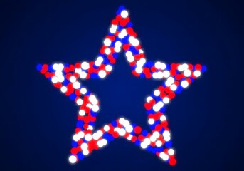 A large glowing star shape formed by numerous red white and blue lights against a dark blue background