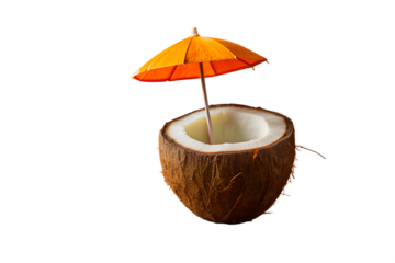 A fresh half coconut with a small orange cocktail umbrella inside. This represents a tropical summer drink for a beach vacation or party, isolated on white