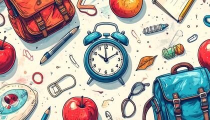 A vibrant graphic design showcasing school supplies, including backpacks, apples, a clock, and various stationery items, arranged in a playful, educational composition.