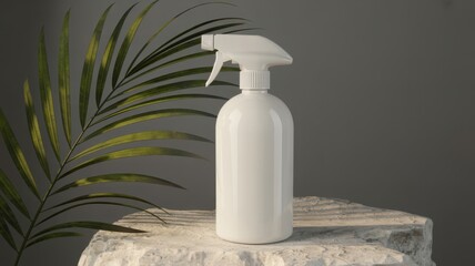 Minimalist white spray bottle on a stone pedestal with a palm leaf, showcasing ecofriendly cleaning product presentation with a natural aesthetic