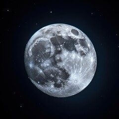Detailed full moon with visible craters and lunar surface features against a dark night sky with twinkling stars, creating a celestial atmosphere
