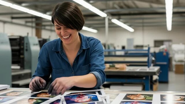 Printing worker inspects images carefully for quality in a busy printing facility