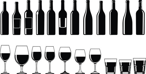 Silhouettes of various bottles and glasses collection, wine, cocktails, tumblers, barware, drinkware set for beverage industry and design