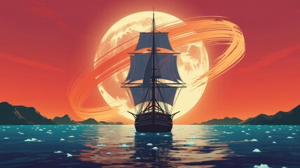 A majestic galleon sails through a serene sea under the gaze of a ringed planet, evoking a sense of adventure and wonder, set against a vibrant sunset