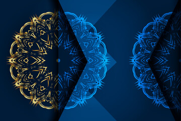 Abstract golden blue mandala with glowing circular star motifs on deep blue background