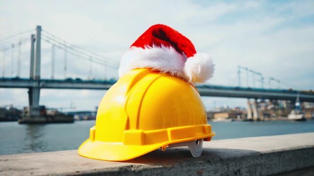 Yellow hard hat with a Santa hat on a concrete wall in front of a bridge over water, representing construction holiday cheer footage.