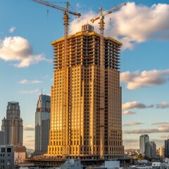 A skyscraper under construction rises against a backdrop of fluffy clouds and a clear blue sky, showcasing the progress of urban development