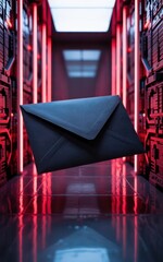 A mysterious black envelope floats in a futuristic, neonlit corridor, hinting at secret communication and advanced technology, creating an intriguing scene