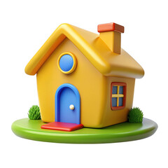Charming yellow cartoon house with blue door and green grass isolated on transparent background