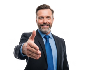 Smiling businessman offering handshake isolated on transparent background