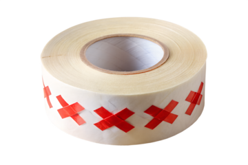Roll of red cross pattern tape isolated on white background