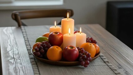 Lighted candles and fruit arrangement featuring grapes, apples, and oranges display festive home decoration. Lighted candles highlight centerpieces on table for elegant dinner parties. - Powered by Adobe