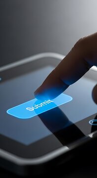 A finger presses the submit button on a tablet screen, highlighting the digital interaction.