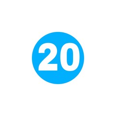 The image shows a bright blue circle with the number 20 in bold white font centered inside it. The design is simple, minimal, and visually clear, often used for labels, numbering, or highlighting.

