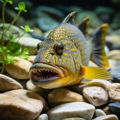 A menacing pike fish with sharp teeth resting on river stones, showcasing its predatory nature and camouflage in its natural aquatic environment