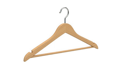 Natural wood clothes hanger with silver hook minimalist object for wardrobe organization and garment display isolated studio shot transparent background