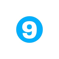 Fototapeta premium The image shows a bright blue circle with the number ,9 in bold white font centered inside it. The design is simple, minimal, and visually clear, often used for labels, numbering, or highlighting.