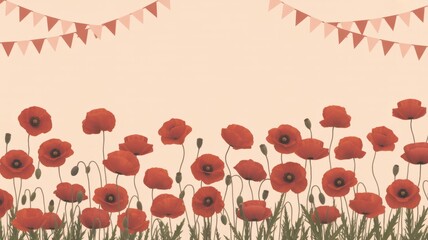 Obraz premium Red poppy flowers with green grass and triangle flags on a light beige background design