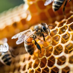 A closeup of a bee on a honeycomb, showcasing the intricate details of the hive and the bees role in honey production