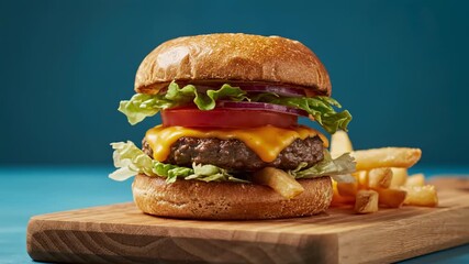 Gourmet Cheeseburger with French Fries on Wooden Board - A mouthwatering gourmet cheeseburger, complete with lettuce, tomato, red onion, and melted cheese, is served alongside a portion of