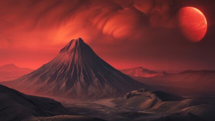 A breathtaking alien landscape featuring a towering mountain under a red sky with a planet in the background, evoking a sense of wonder