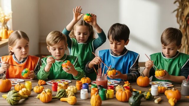 Image 1: Children painting pumpkins with colorful paints in autumn. Creative activity of children painting pumpkins around table. Little artists painting pumpkins, surrounded by art supplies,