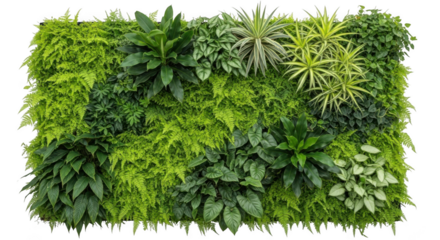 A lush vertical garden wall with a variety of green plants and foliage, isolated on a transparent background