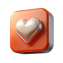 3d heart icon on orange square with smooth reflections isolated on transparent background