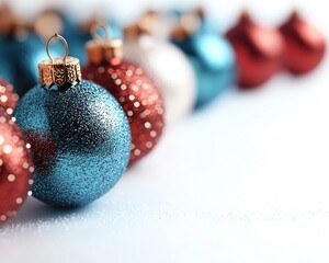 Festive Christmas balls in shades of blue, red and white, arranged in rows, on a light background