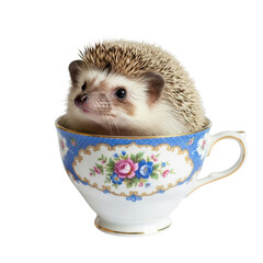 Adorable hedgehog in a tea cup isolated PNG with Transparent Background