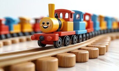 Colorful toy train on wooden tracks.  A cheerful train