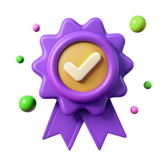 3d purple award ribbon with check mark and spheres isolated on transparent background