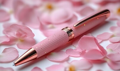 A delicate pink pen resting amidst scattered rose petals