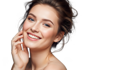 Beautiful young woman with a radiant smile and healthy skin, isolated on transparent background